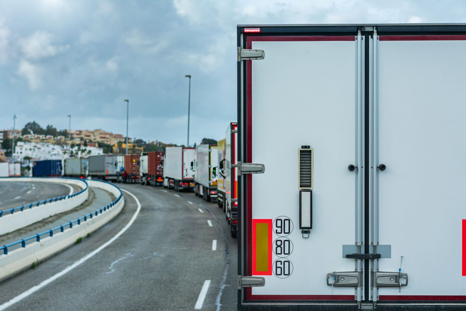 Queue of lorries waiting at a border crossing on the Middle Corridor
